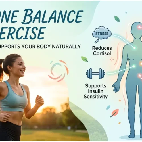 woman jogging outdoors with infographic showing how exercise supports hormone balance and overall health