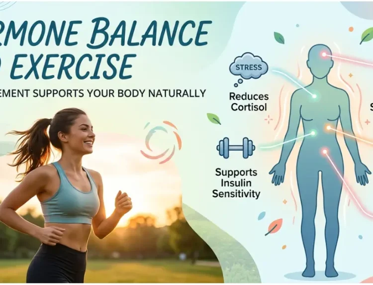 woman jogging outdoors with infographic showing how exercise supports hormone balance and overall health