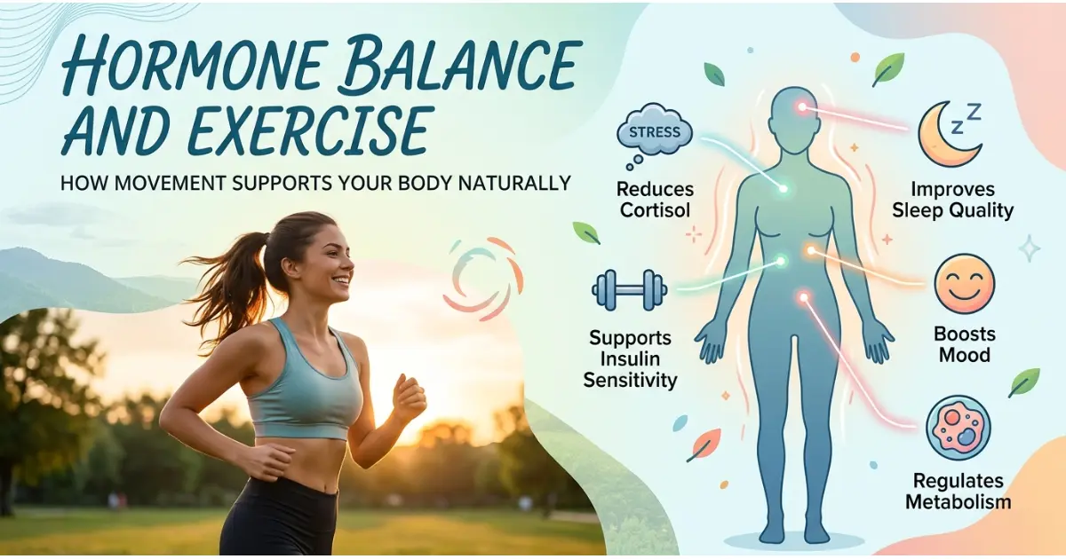 woman jogging outdoors with infographic showing how exercise supports hormone balance and overall health