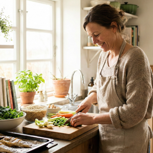 Healthy woman over 40 practicing balanced eating and intermittent fasting