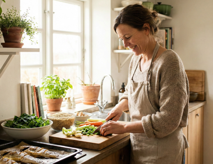 Healthy woman over 40 practicing balanced eating and intermittent fasting