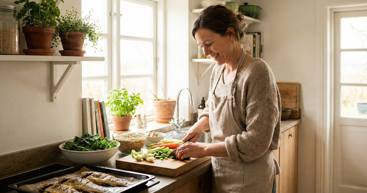 Healthy woman over 40 practicing balanced eating and intermittent fasting